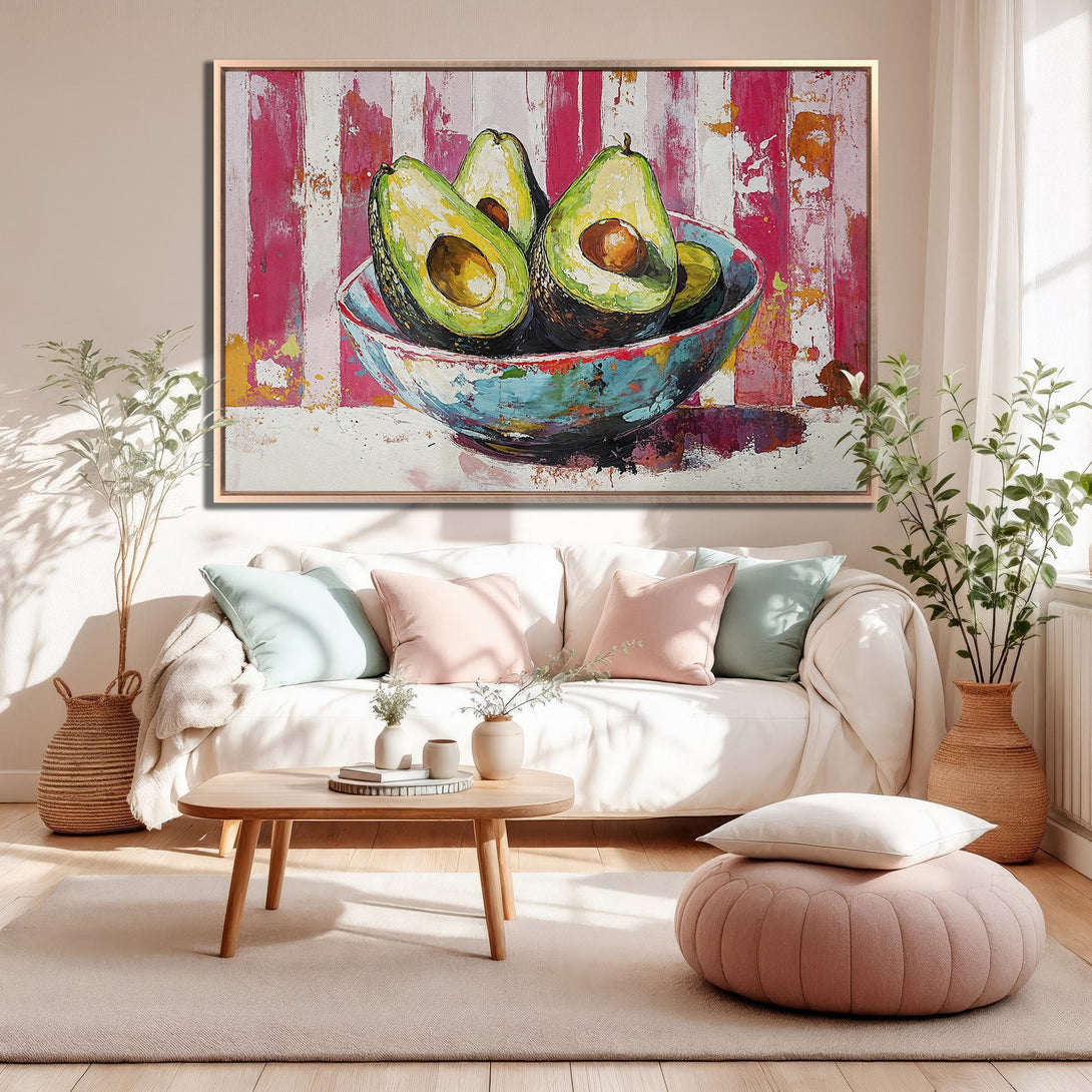 Framed Wall Art: Vibrant avocado painting with pink, green, and blue color palette. Modern abstract style, perfect for kitchen or dining room decor.