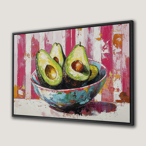 Framed Wall Art: Vibrant avocado painting with a colorful, abstract style and a pink, green, and blue palette. Perfect kitchen decor!