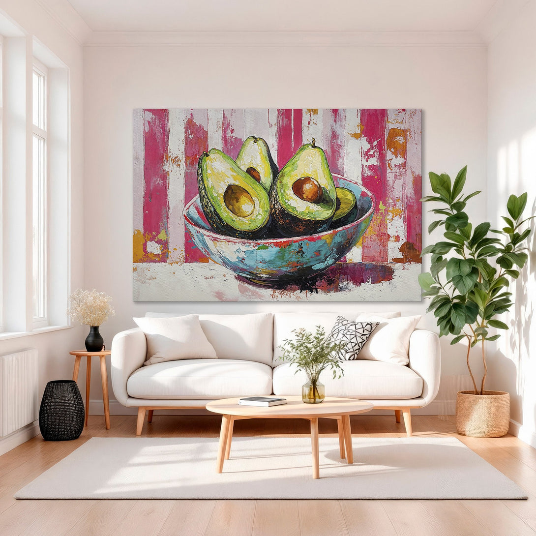 Framed Wall Art: Vibrant avocado painting with a pink & white striped background. Modern, colorful artwork for kitchen or dining room.