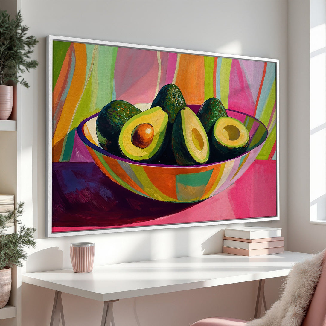 Vibrant Canvas Print of avocados in a bowl. Modern, colorful painting with a bold, bright palette of pinks, greens, and oranges. Perfect kitchen wall art!