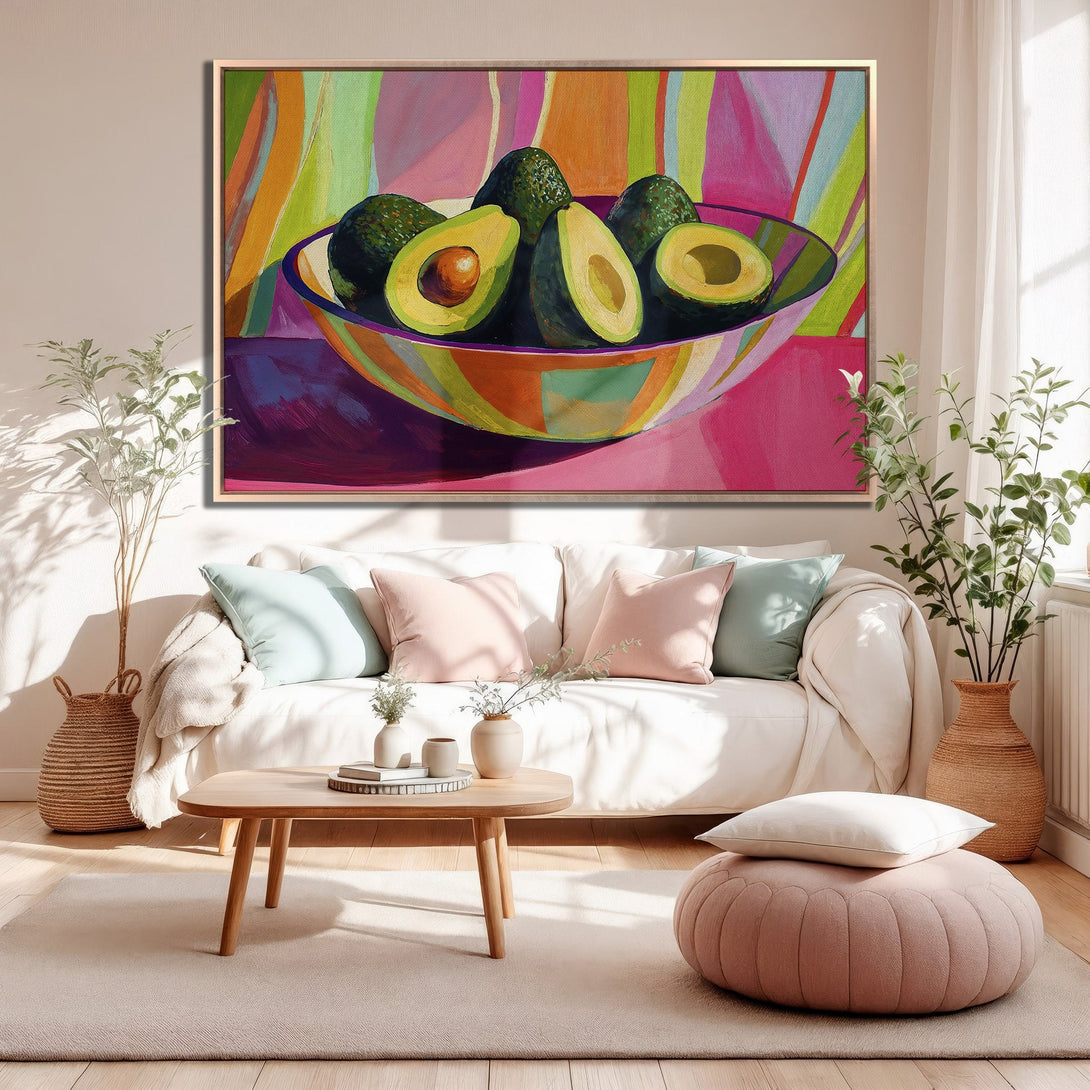 Framed Wall Art: Vibrant avocado still life painting with a colorful, abstract background. Modern art with a bright pink, green, and orange palette. Perfect for any room!