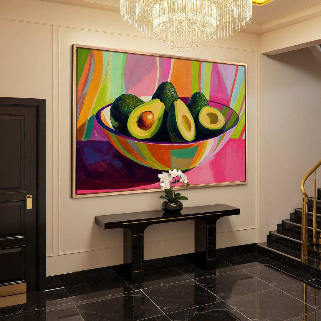 Framed Wall Art: Vibrant avocado still life painting. Bold, colorful abstract style with pink, green, and orange palette. Perfect for modern home decor.
