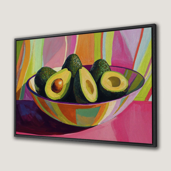 Framed Wall Art: Vibrant avocado still life painting with a colorful, modern style. Features a pink, orange, and green color palette.