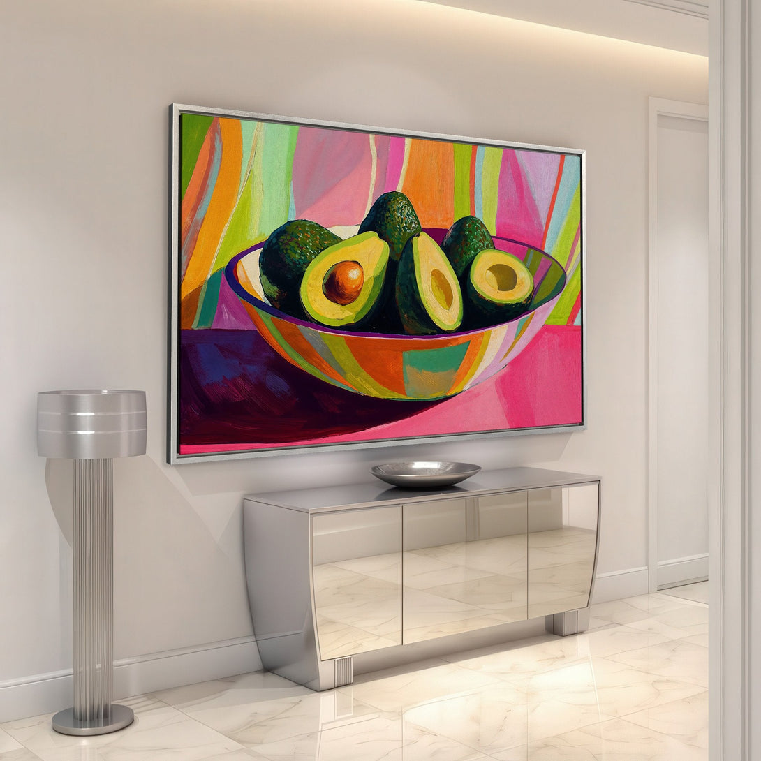 Framed Wall Art: Vibrant avocado still life painting in a modern interior. Bold, colorful artwork with a bright, playful palette. Perfect kitchen decor!