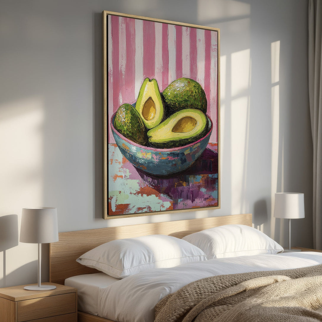 Framed Wall Art: Vibrant avocado still life painting in a bedroom. Modern style with pink, green, and blue color palette. Perfect for kitchen or dining decor.