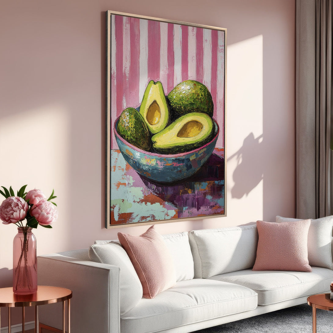 Framed Wall Art: Vibrant avocado painting in a modern style. Features a pink, green, and blue color palette, perfect for adding a pop of color to your space.