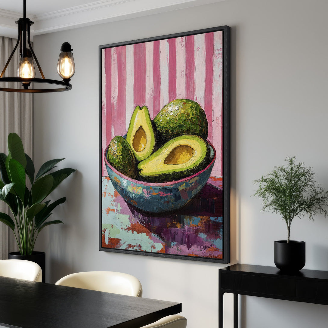Framed Wall Art featuring a vibrant avocado still life painting with pink and green hues, perfect for modern kitchen or dining room decor.