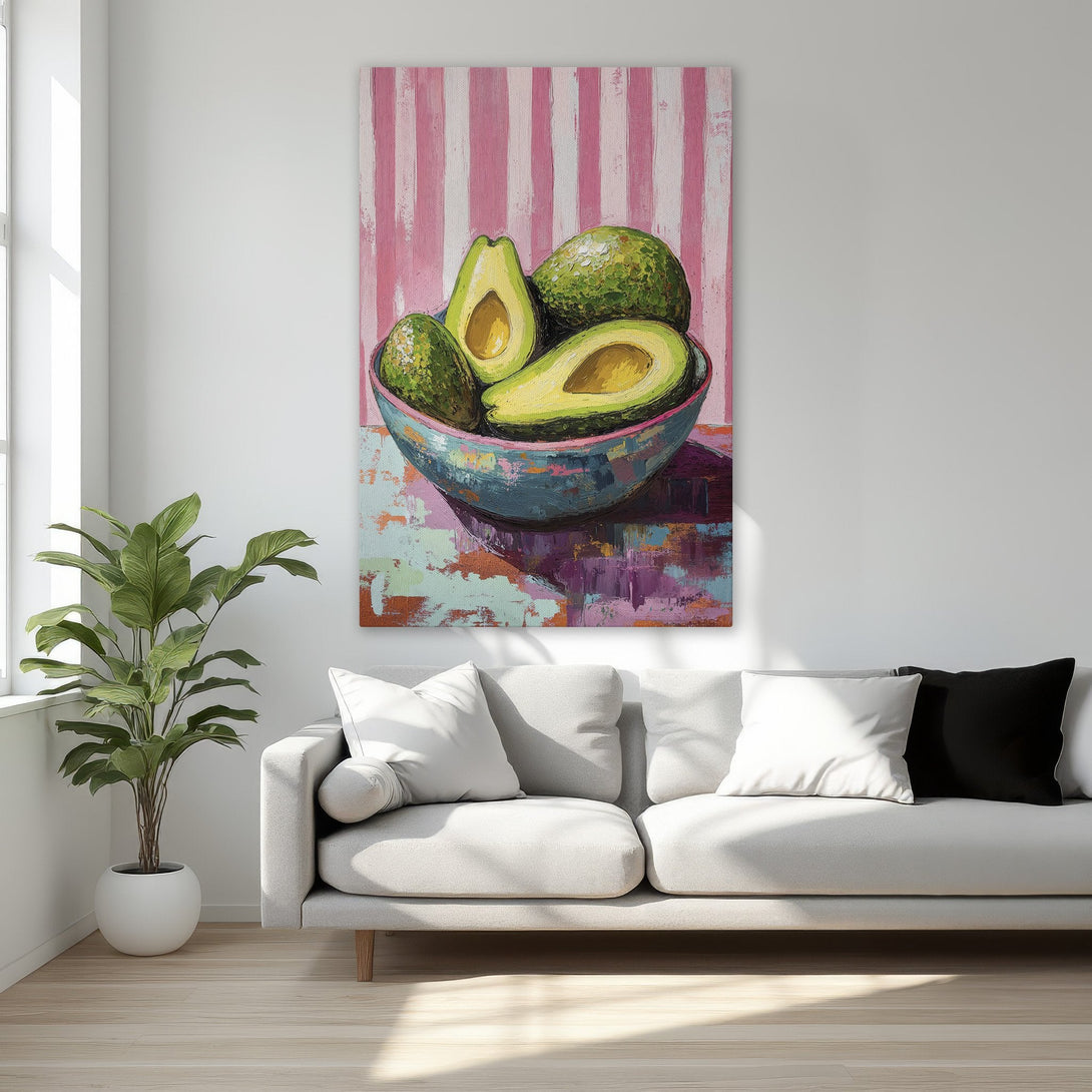 Framed Wall Art: Vibrant avocado still life painting in a modern style with pink, green, and purple hues. Perfect for adding a pop of color!