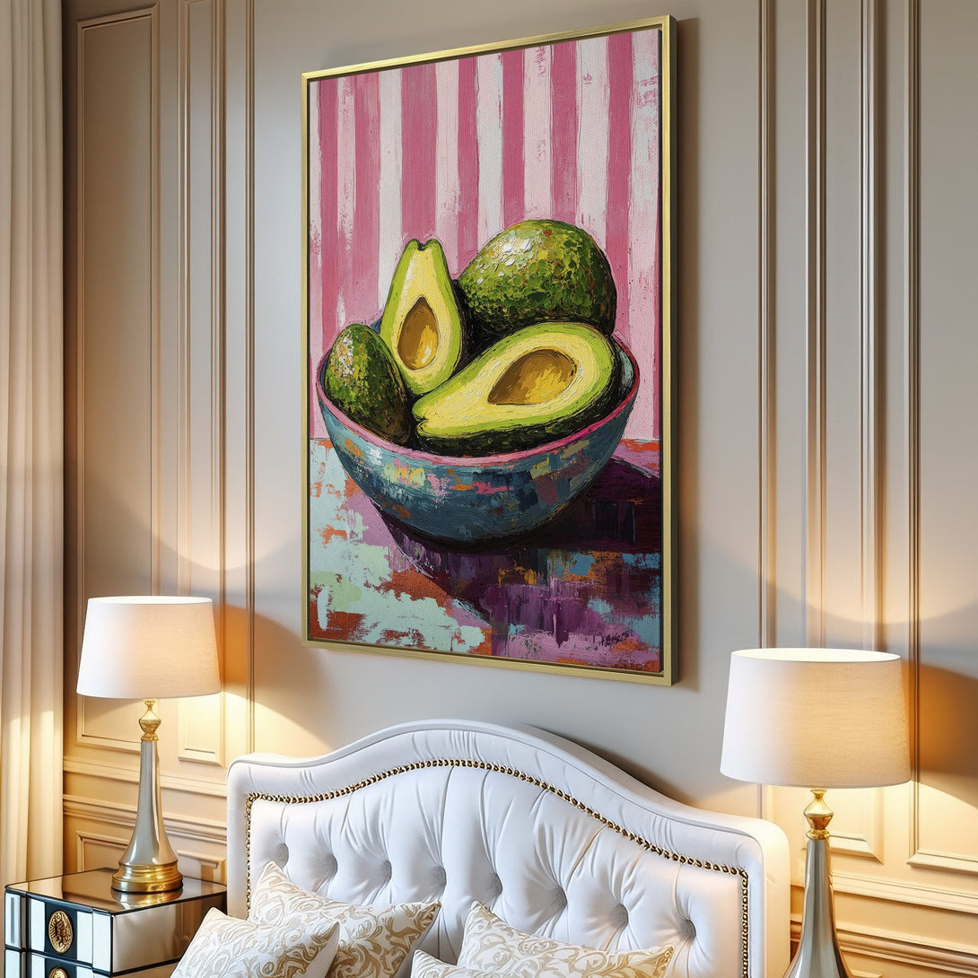 Canvas Print of vibrant avocado art in a modern interior. Features a colorful palette of pink, green, and blue. Perfect wall decor!