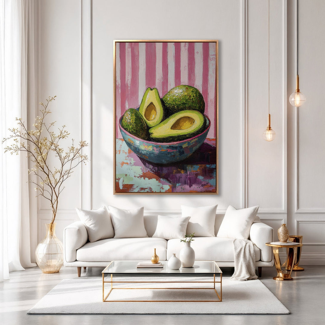 Framed Wall Art featuring a vibrant avocado still life painting in a modern interior. Pink, green, and gold color palette. Elevate your space!
