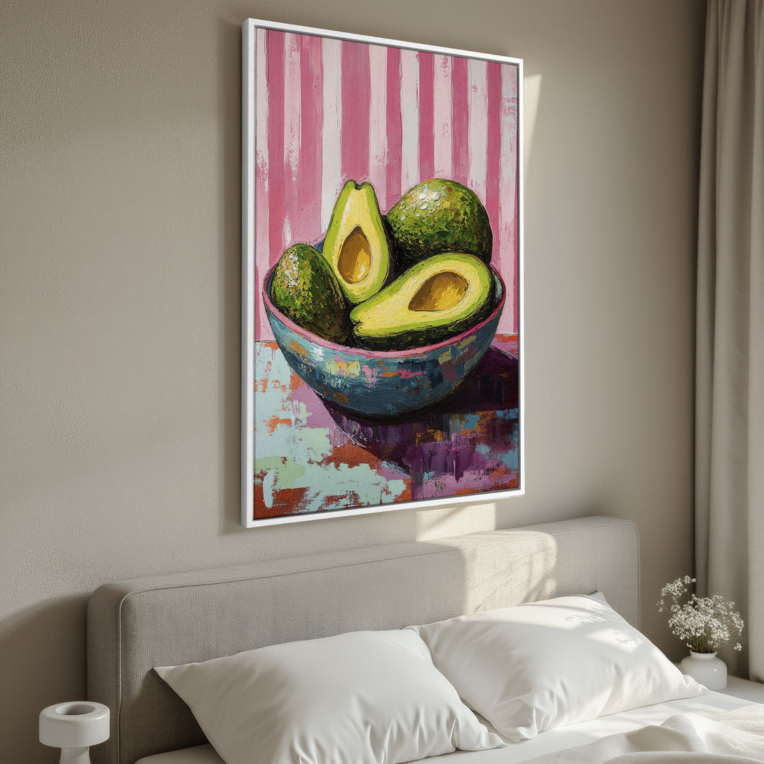 Framed Wall Art: Vibrant avocado still life painting in a modern, impressionistic style with a pink and green color palette. Perfect kitchen or dining room decor.