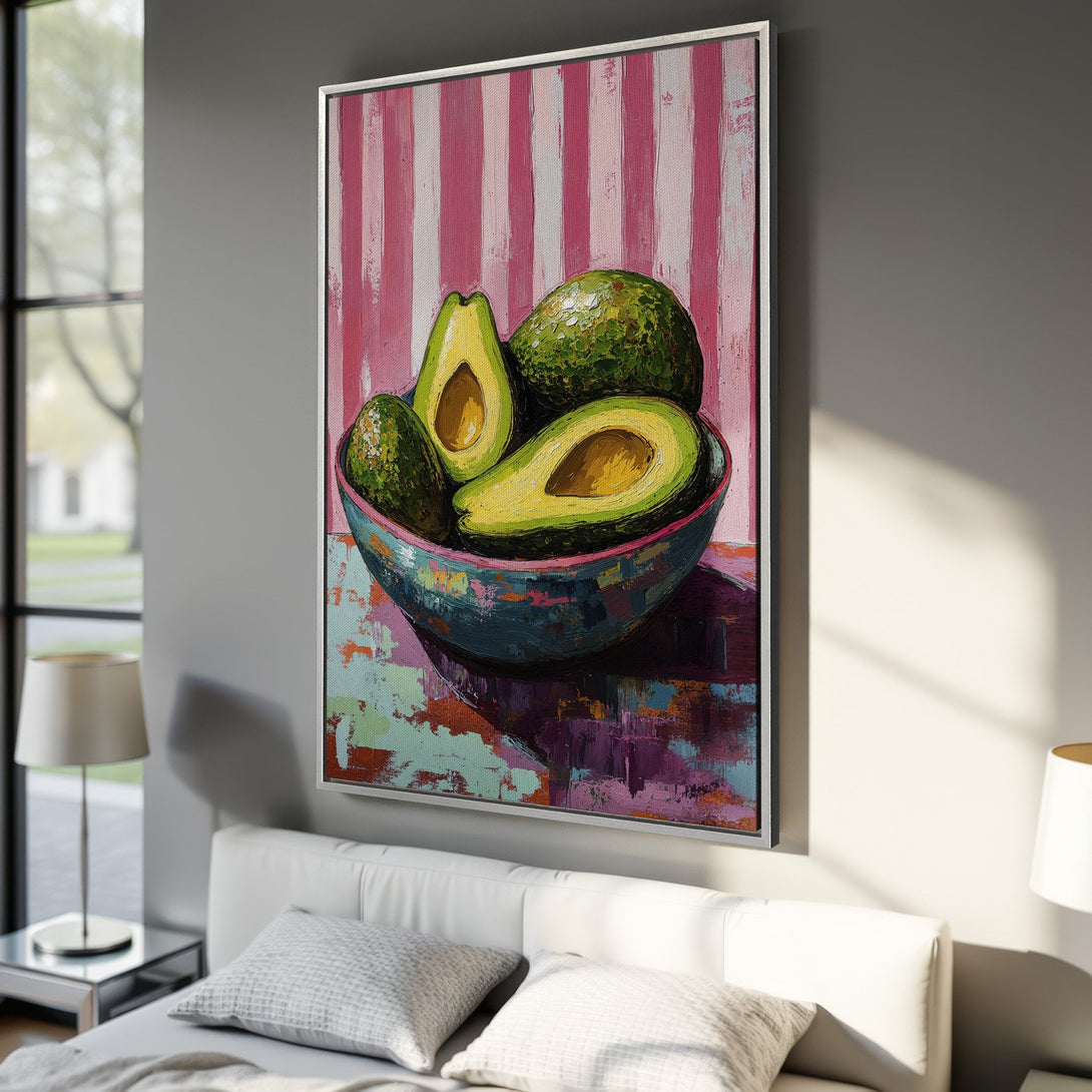Framed Wall Art: Colorful avocado painting in a modern interior. Vibrant green, pink, and blue palette. Perfect kitchen or dining room decor.