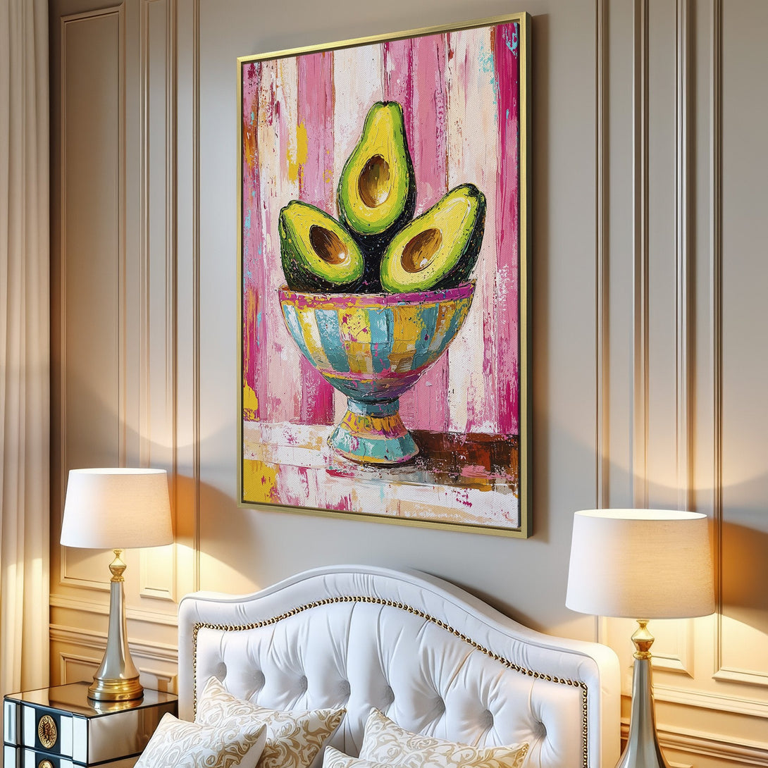 Canvas Print featuring a vibrant avocado still life. Modern, colorful abstract art with pink, yellow, and green tones, perfect for kitchen or dining room decor.