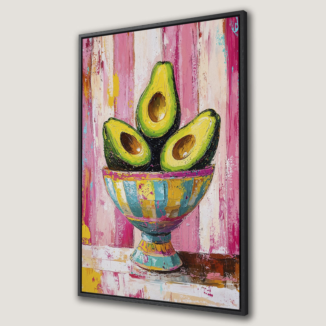 Framed Wall Art: Vibrant avocado still life painting with a colorful, abstract style. Pink, yellow, and green hues create a modern kitchen or dining room decor.