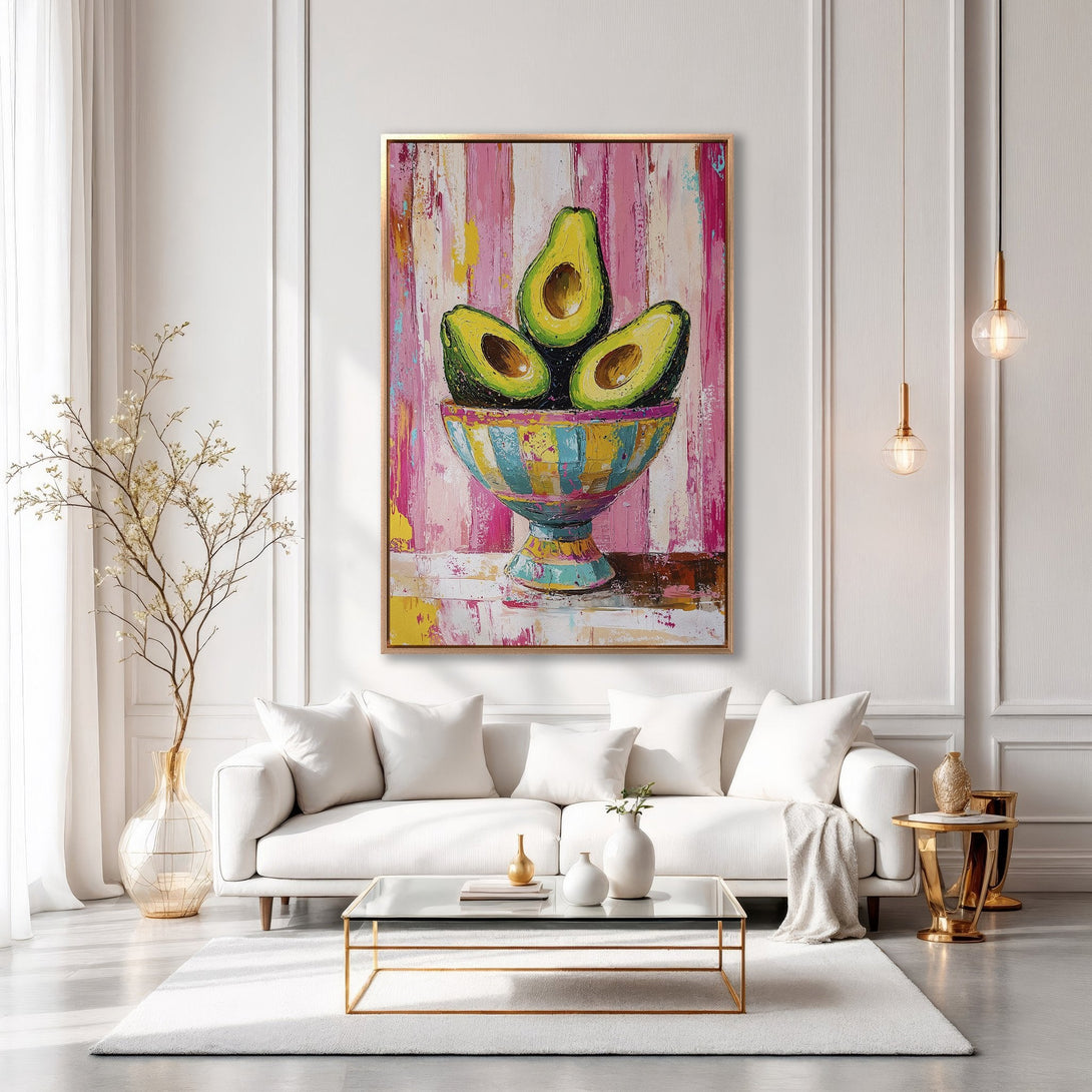 Framed Wall Art: Vibrant abstract painting of avocados in a bowl, with pink, yellow, and blue hues. Adds a pop of color to any modern interior.