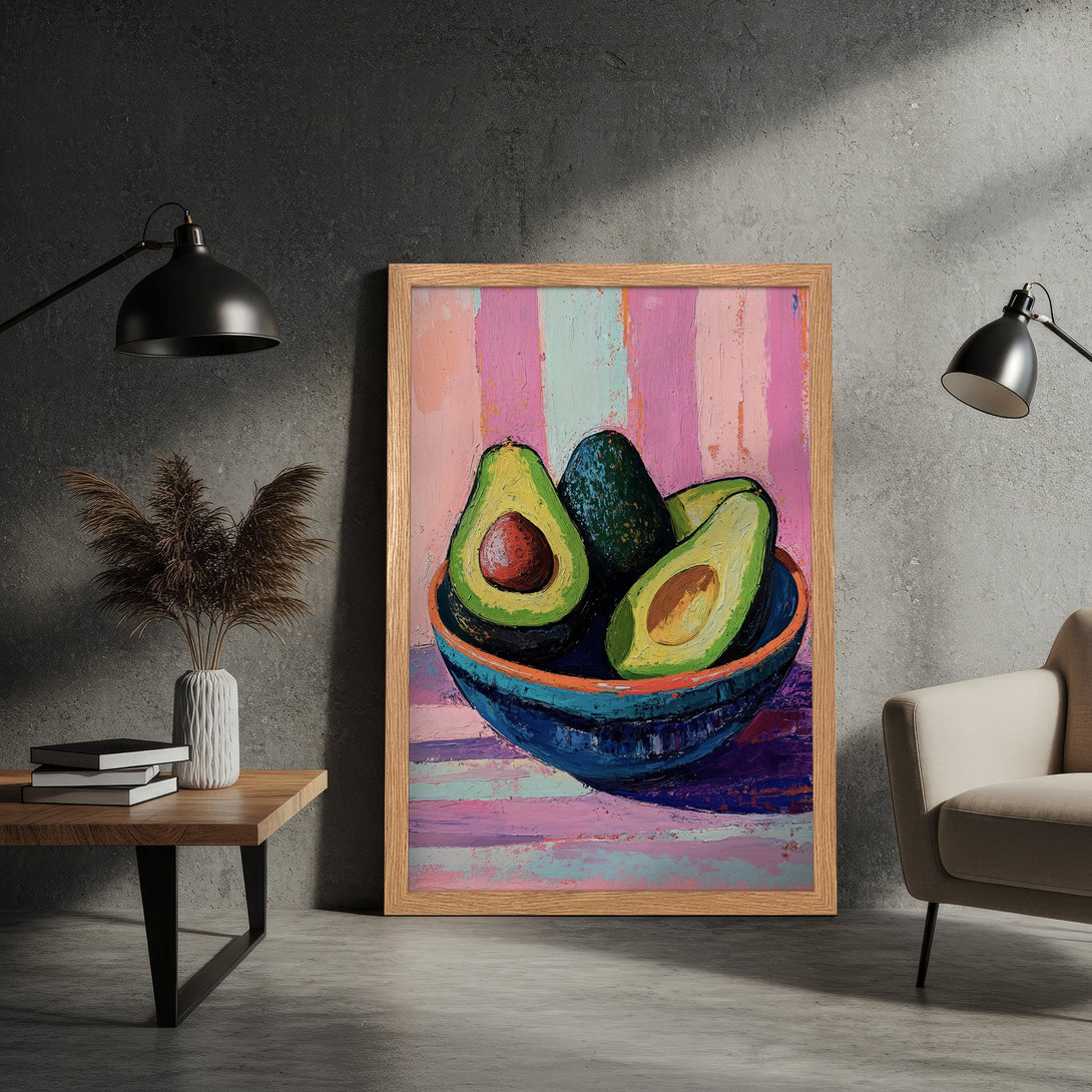Framed Poster: Avocado still life in vibrant, textured style with pink, blue, and green color palette. Perfect kitchen or dining room decor!