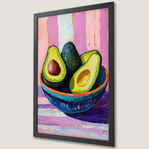 Framed Poster featuring vibrant avocado still life in an impasto style with a pink, green, and blue color palette. Perfect kitchen decor!