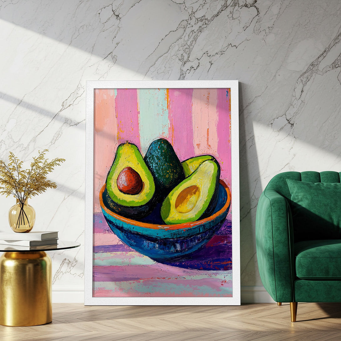 Framed Poster featuring vibrant avocado oil painting in a modern style with a pink, blue, and green color palette. Perfect wall art!