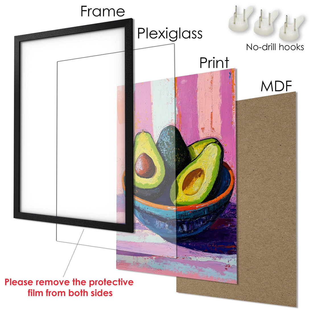 Framed Poster featuring a vibrant avocado still life painting with a colorful, textured palette. Perfect art for your home!