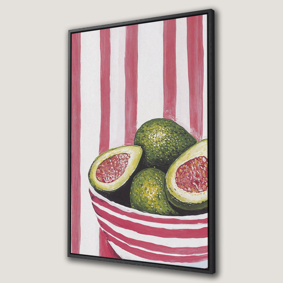 Framed Wall Art: Vibrant avocado still life with red & white striped background. Modern, colorful canvas print for kitchen or dining room decor.