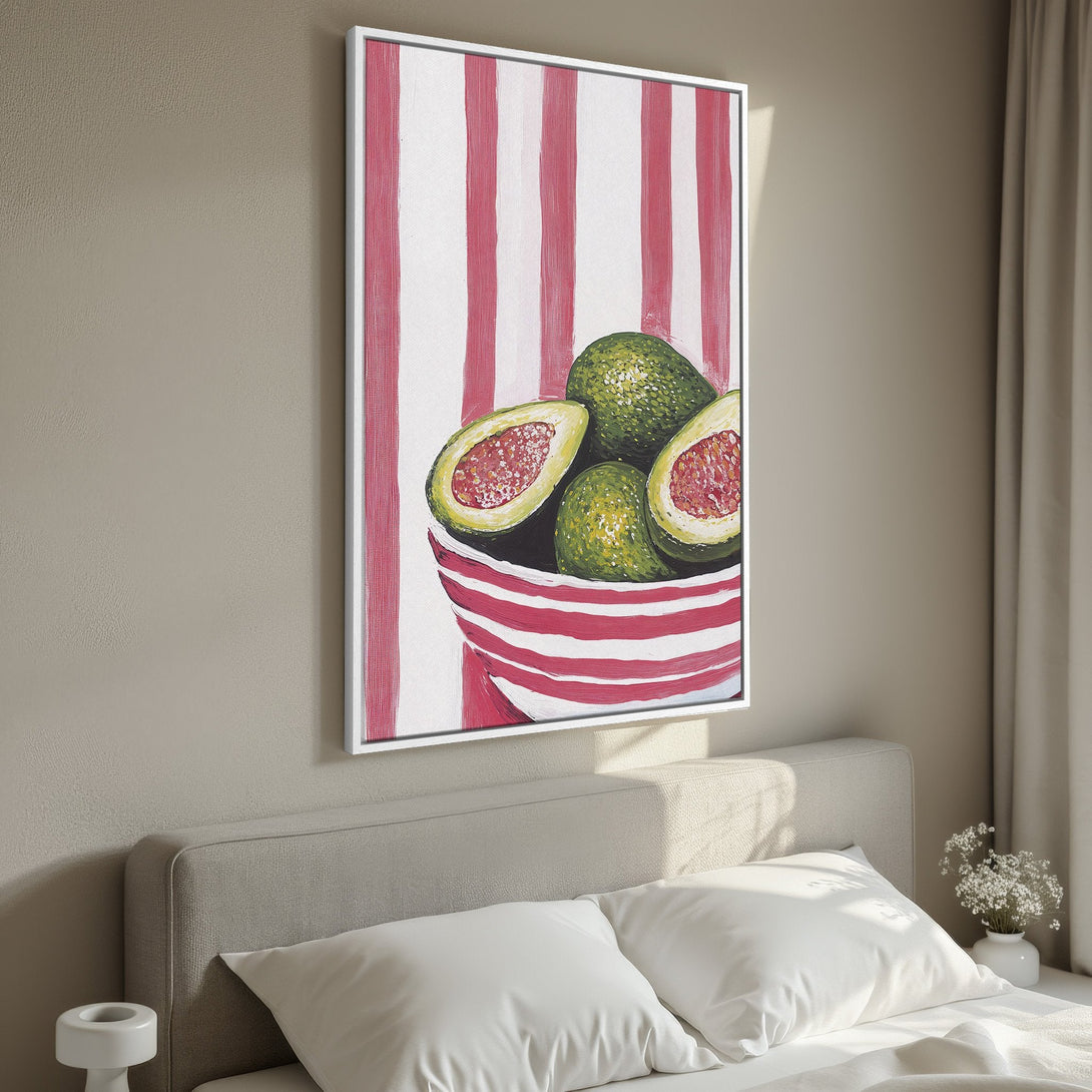 Framed Wall Art: Vibrant avocado painting with red & white stripes. Modern art for kitchen or dining room. Green, red, and white color palette. Perfect home decor.