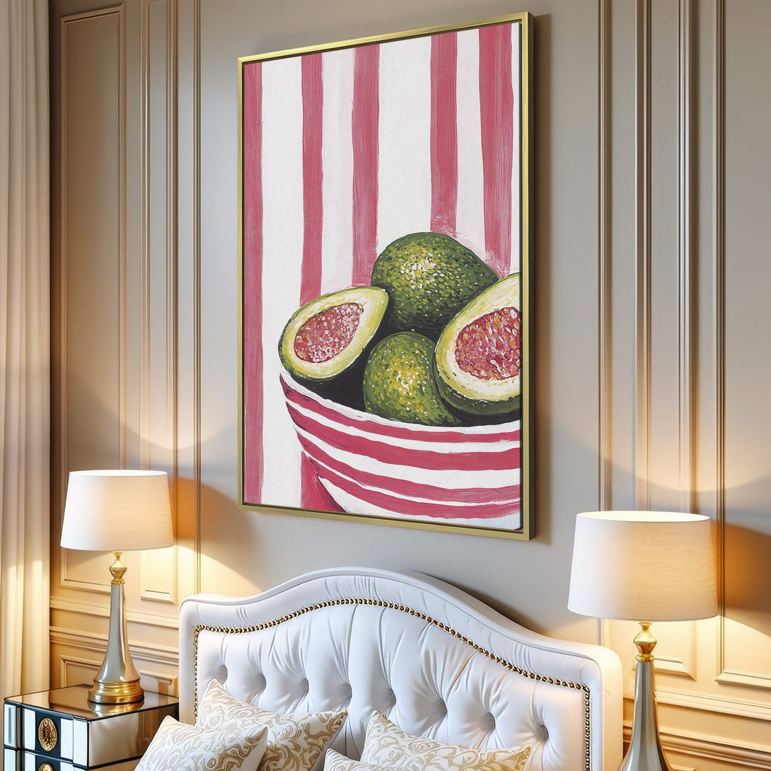 Canvas Print of avocados in a bowl, modern art with red & green color palette. Perfect wall decor for kitchen or dining room.