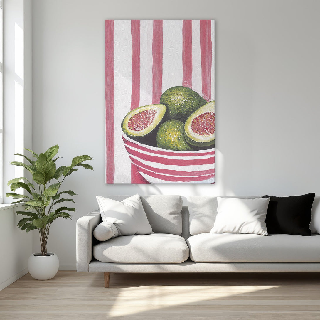 Framed Wall Art: Vibrant avocado painting with red & white stripes. Modern art in green, red, and white. Perfect for kitchen or dining room decor.
