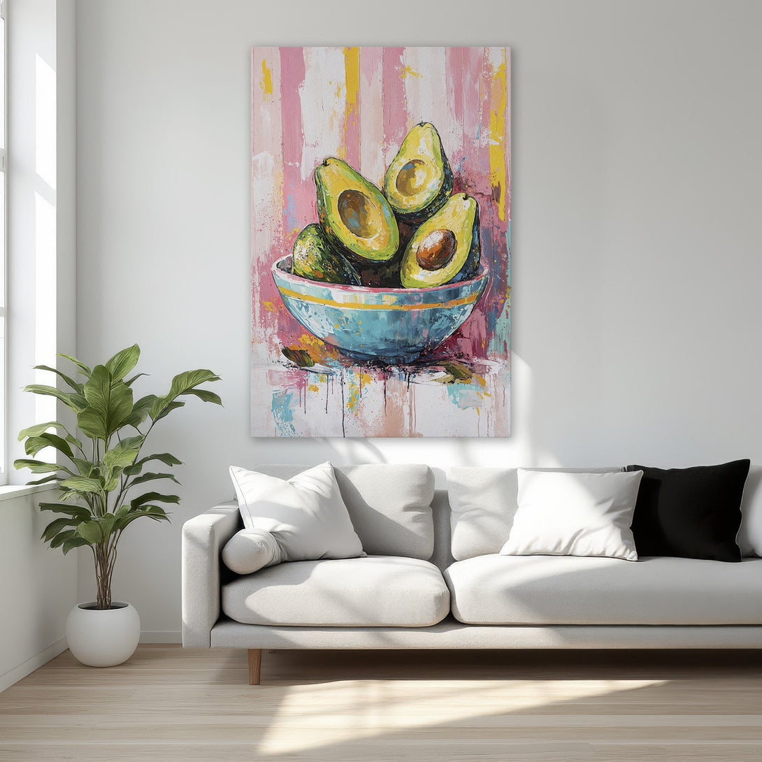 Framed Wall Art: Abstract avocado painting in a bowl. Modern style with pink, green, and yellow color palette, perfect for kitchen decor.