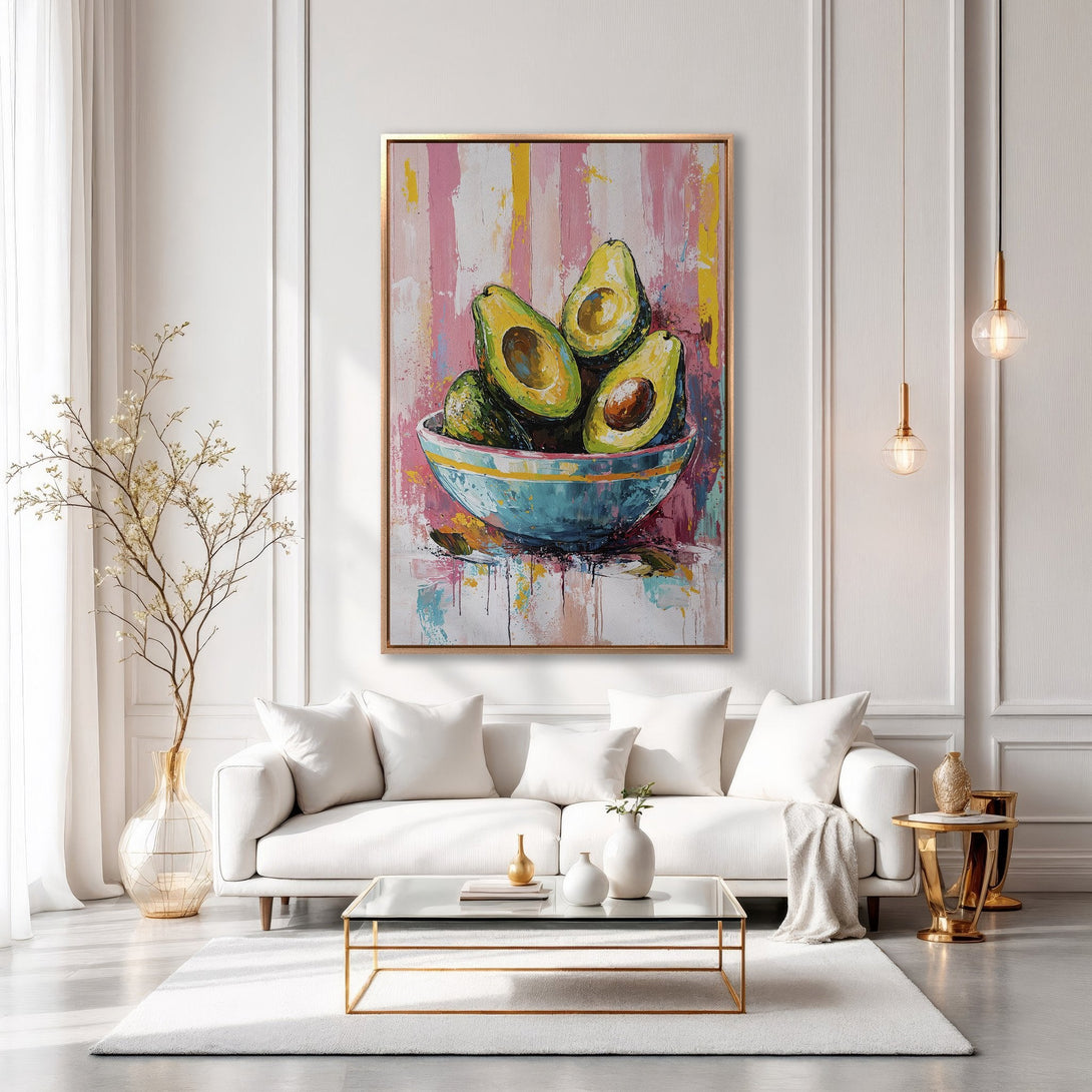 Framed Wall Art: Vibrant avocado painting in a modern interior. Colorful abstract style with pink, green, and blue hues. Elevate your home decor today!