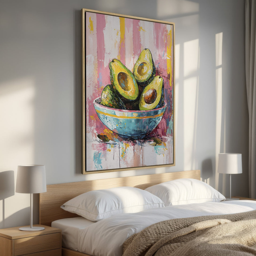 Framed Wall Art: Vibrant avocado painting in a bedroom. Modern abstract style with pink, green, and blue hues. Perfect for kitchen or dining room decor.
