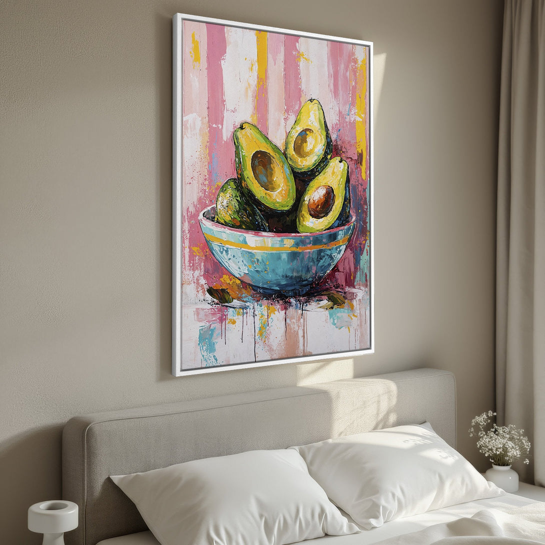 Framed Wall Art: Vibrant avocado oil painting in a modern style. Pink, yellow, and green color palette. Perfect for kitchen or dining room decor.