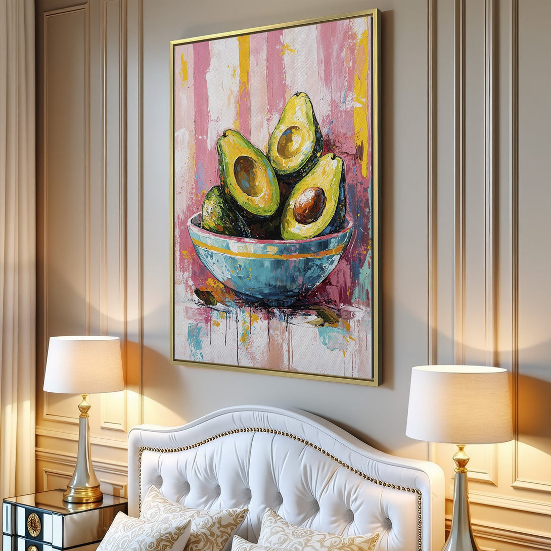 Canvas Print of vibrant avocado art in a modern interior. Colorful abstract style with pink, yellow, and green hues. Perfect kitchen or dining room decor.