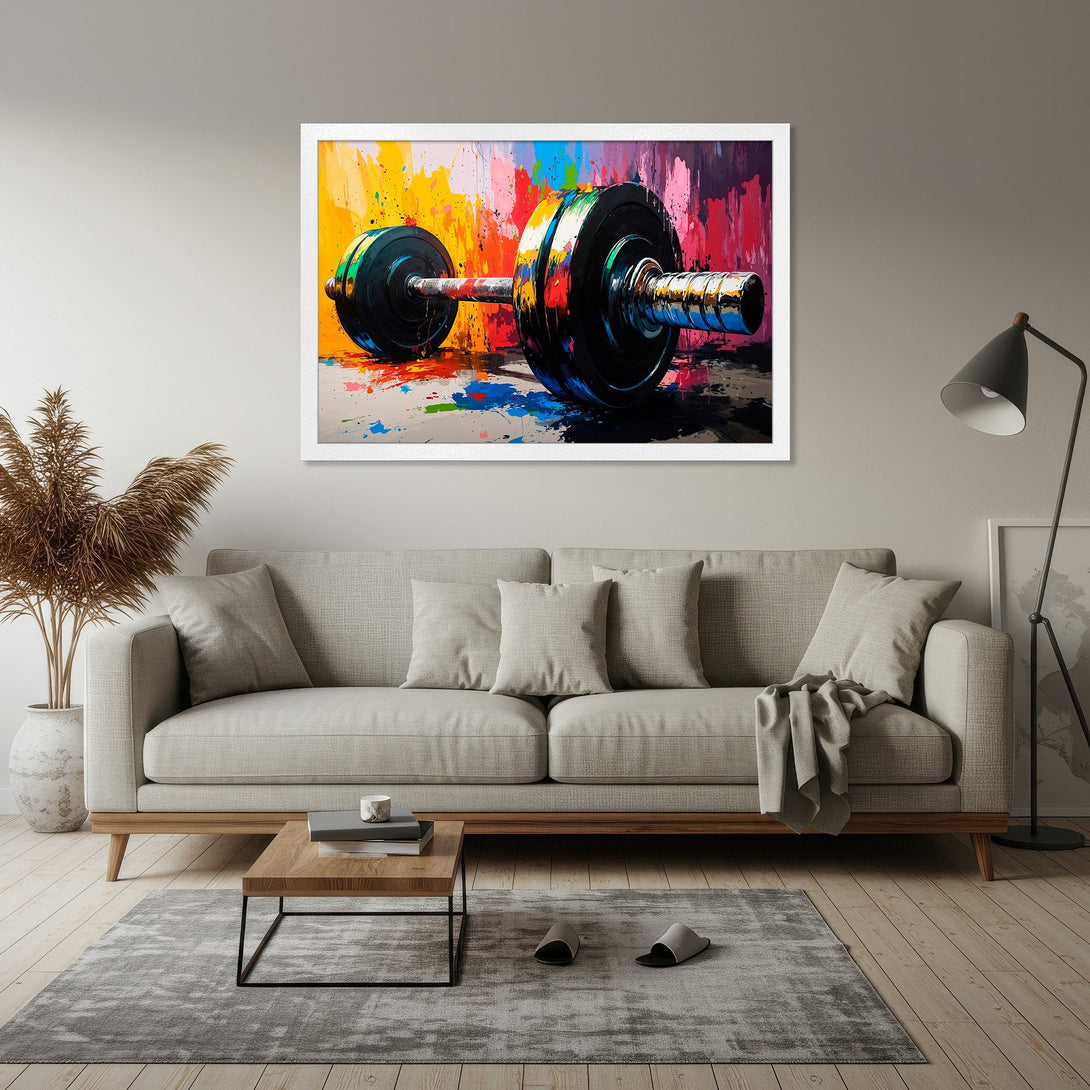 Framed Poster featuring a colorful, abstract dumbbell art piece. Bold, vibrant color palette for a modern home gym vibe.