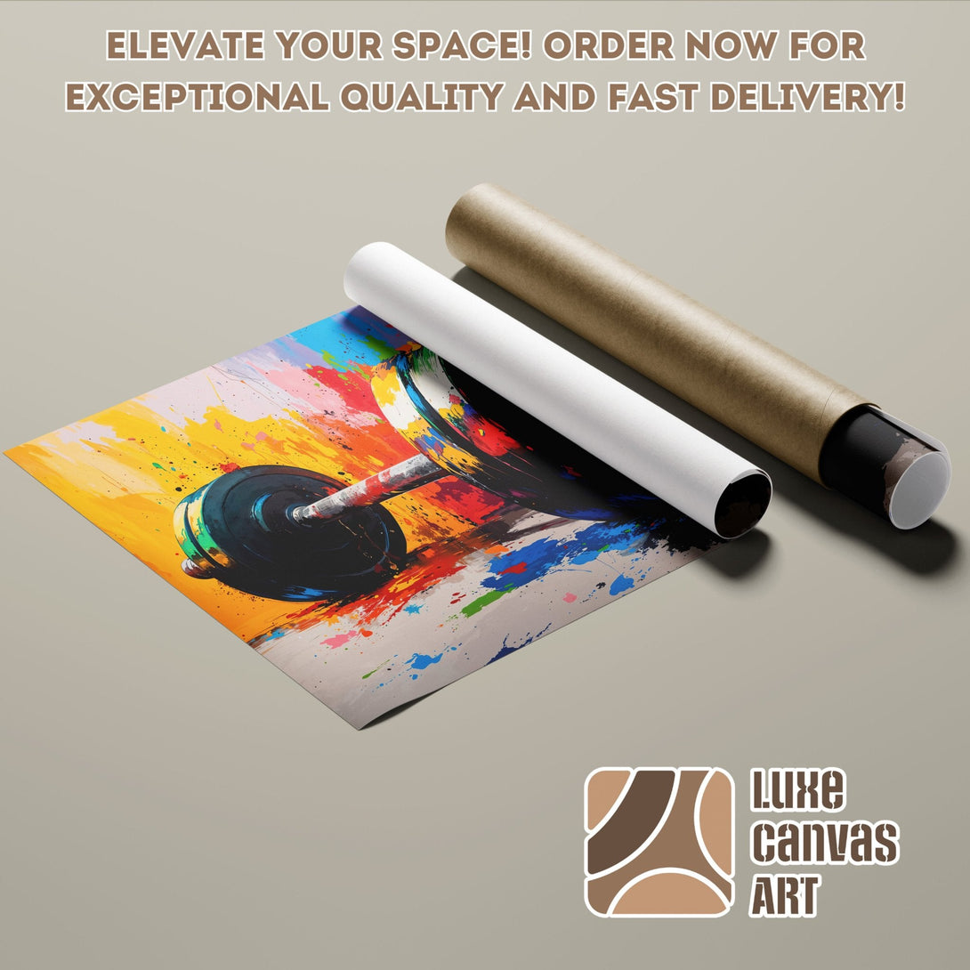 Abstract dumbbell poster roll with vibrant colors. Elevate your space! Order your Poster today.