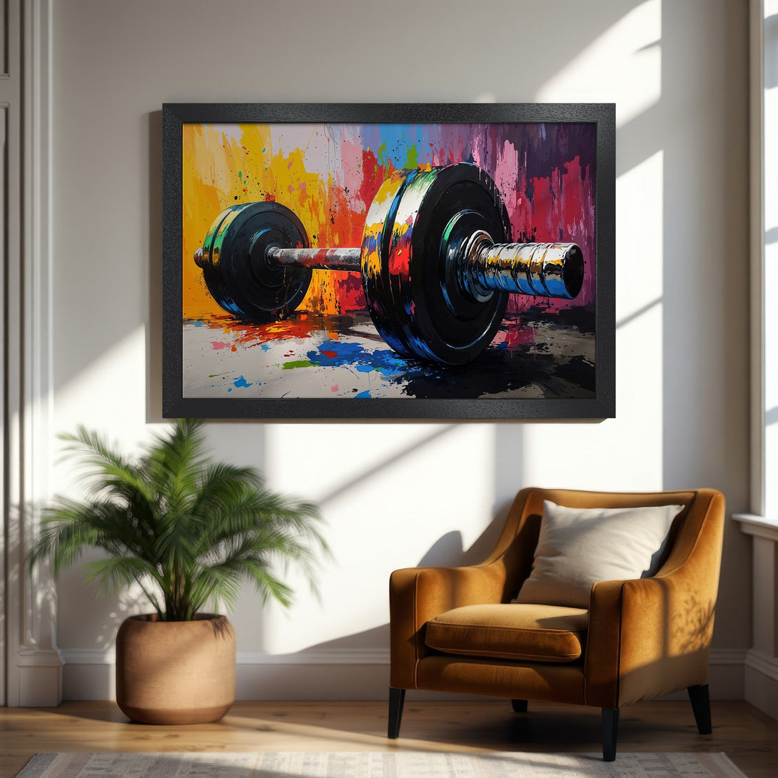 Framed Poster featuring a colorful, abstract dumbbell. Bold, vibrant style with a rainbow color palette. Perfect gym decor!
