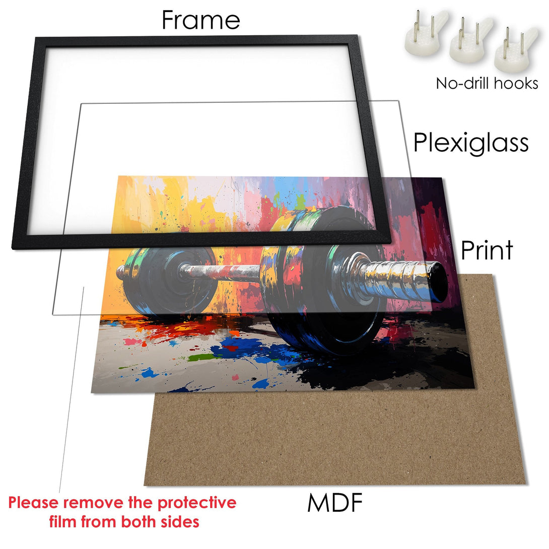 Framed Poster featuring a colorful dumbbell in an abstract style, with a vibrant color palette. Ready to hang!