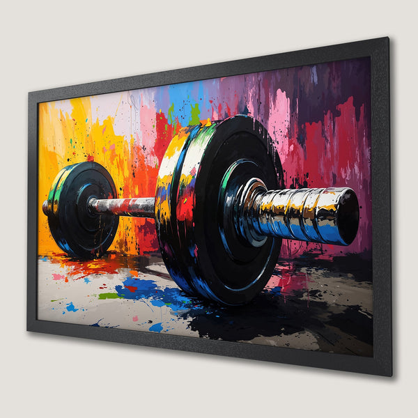 Framed Poster of a vibrant, abstract barbell. Bold, colorful artwork with a splash paint style. Perfect for the gym or home decor.