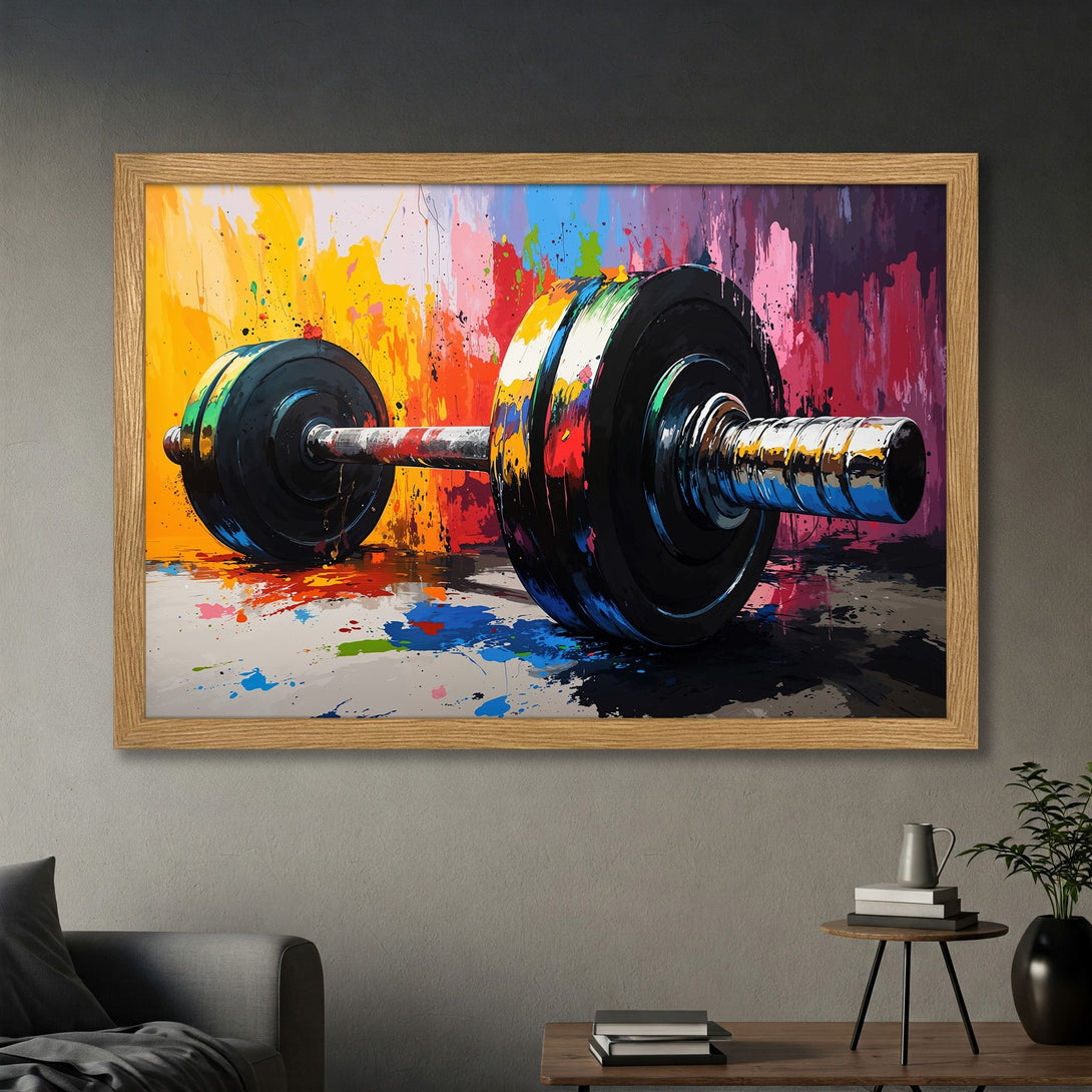 Framed Poster featuring a vibrant, abstract barbell artwork. Bold colors and dynamic style for gym decor. Perfect fitness gift!