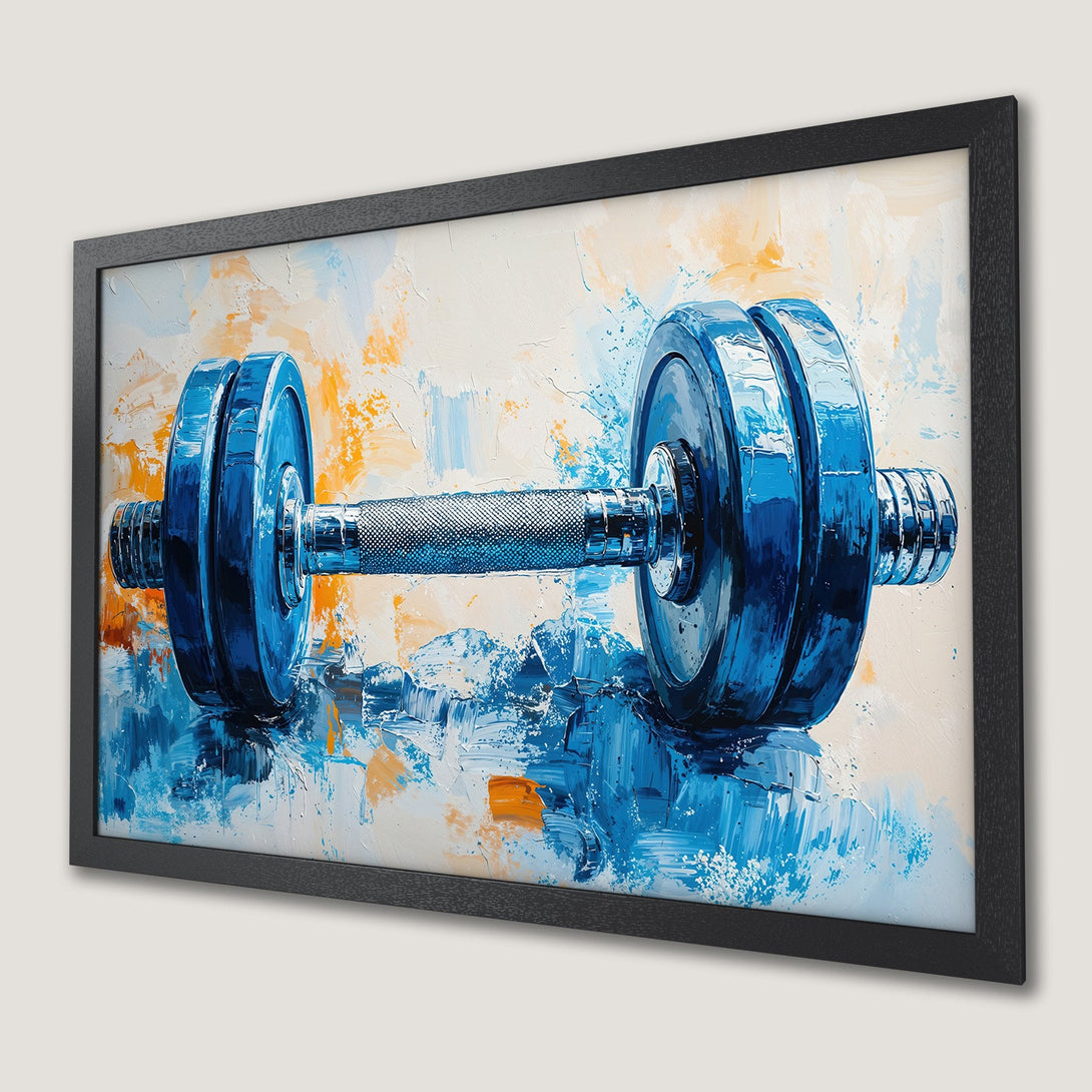 Framed Poster of a blue dumbbell, abstract art style with a blue, orange, and white color palette. Perfect for gym decor!