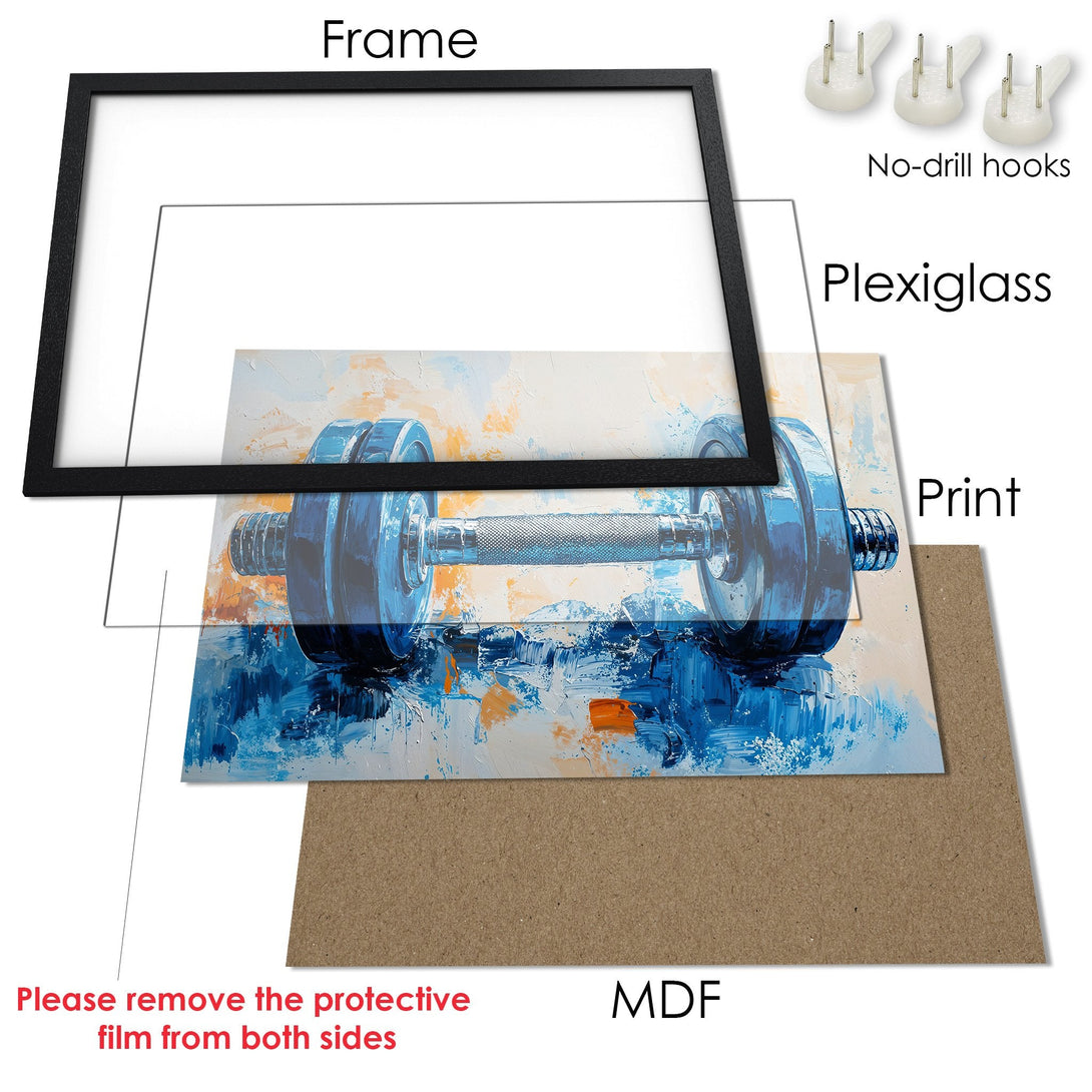 Framed Poster featuring a dumbbell in an abstract style with blue, white, and orange hues. Perfect for your home gym!