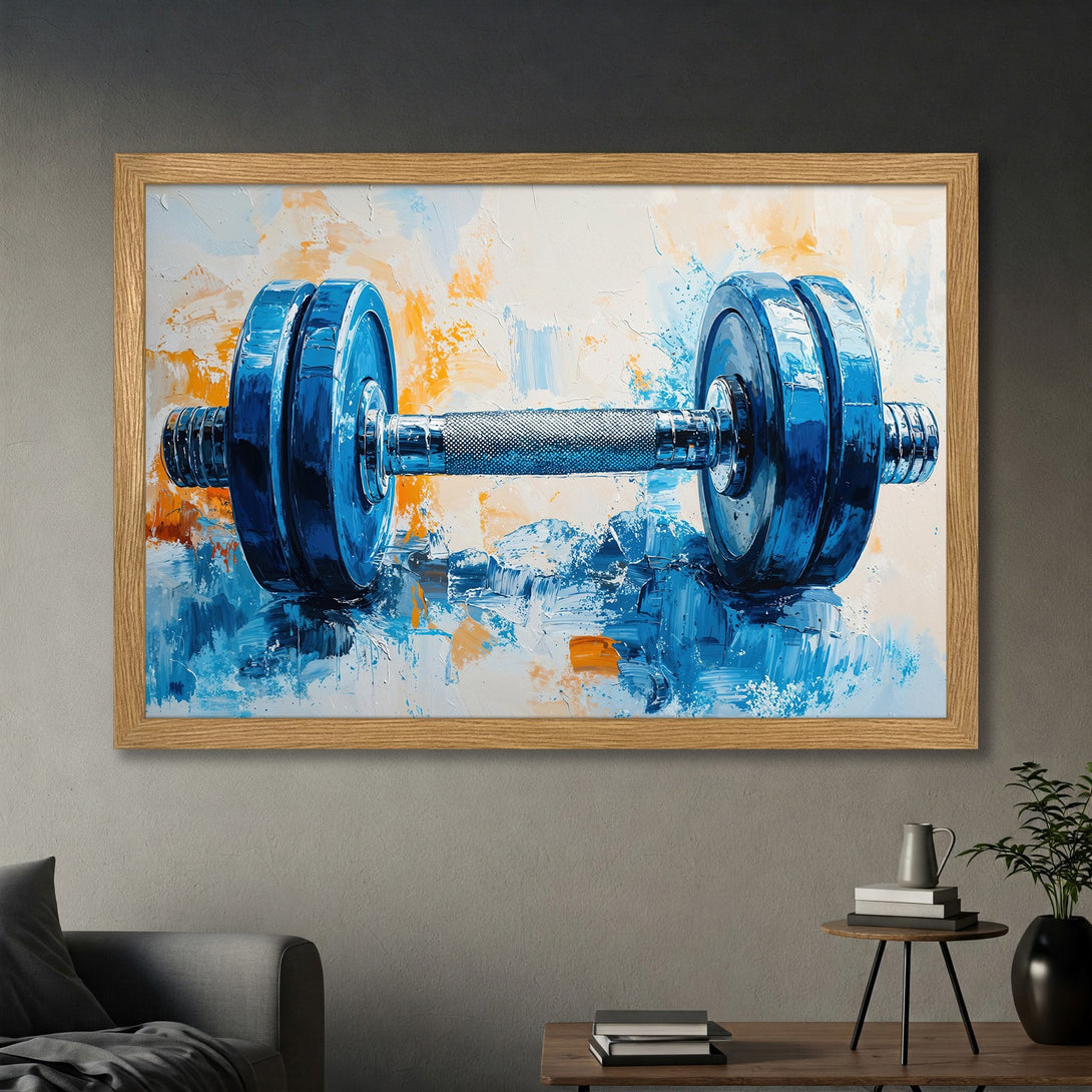 Framed Poster of a blue dumbbell in an abstract style. Perfect for gym decor, featuring a vibrant blue and orange color palette.