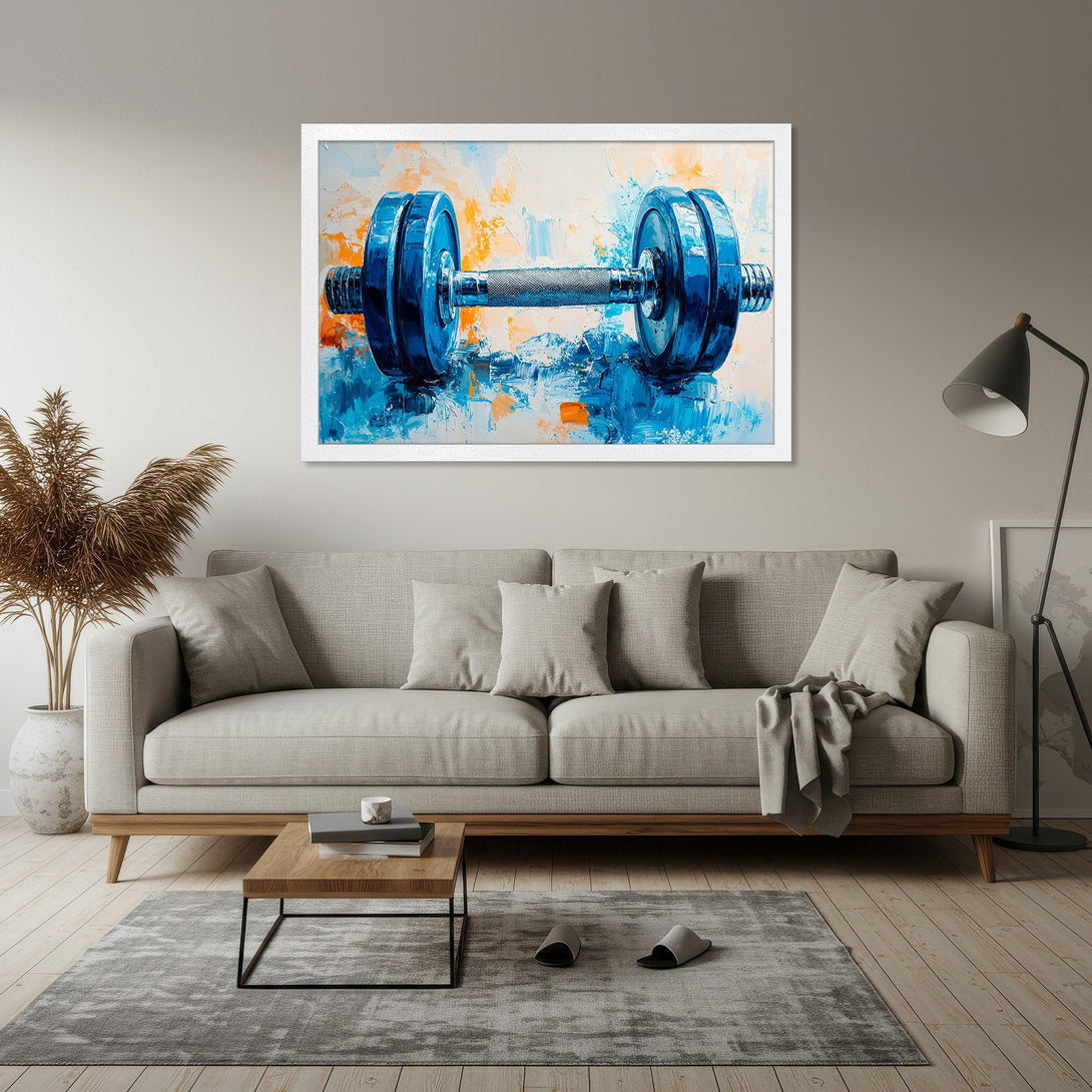 Framed Poster featuring a vibrant blue and orange abstract dumbbell painting, perfect for gym decor. Modern art style.