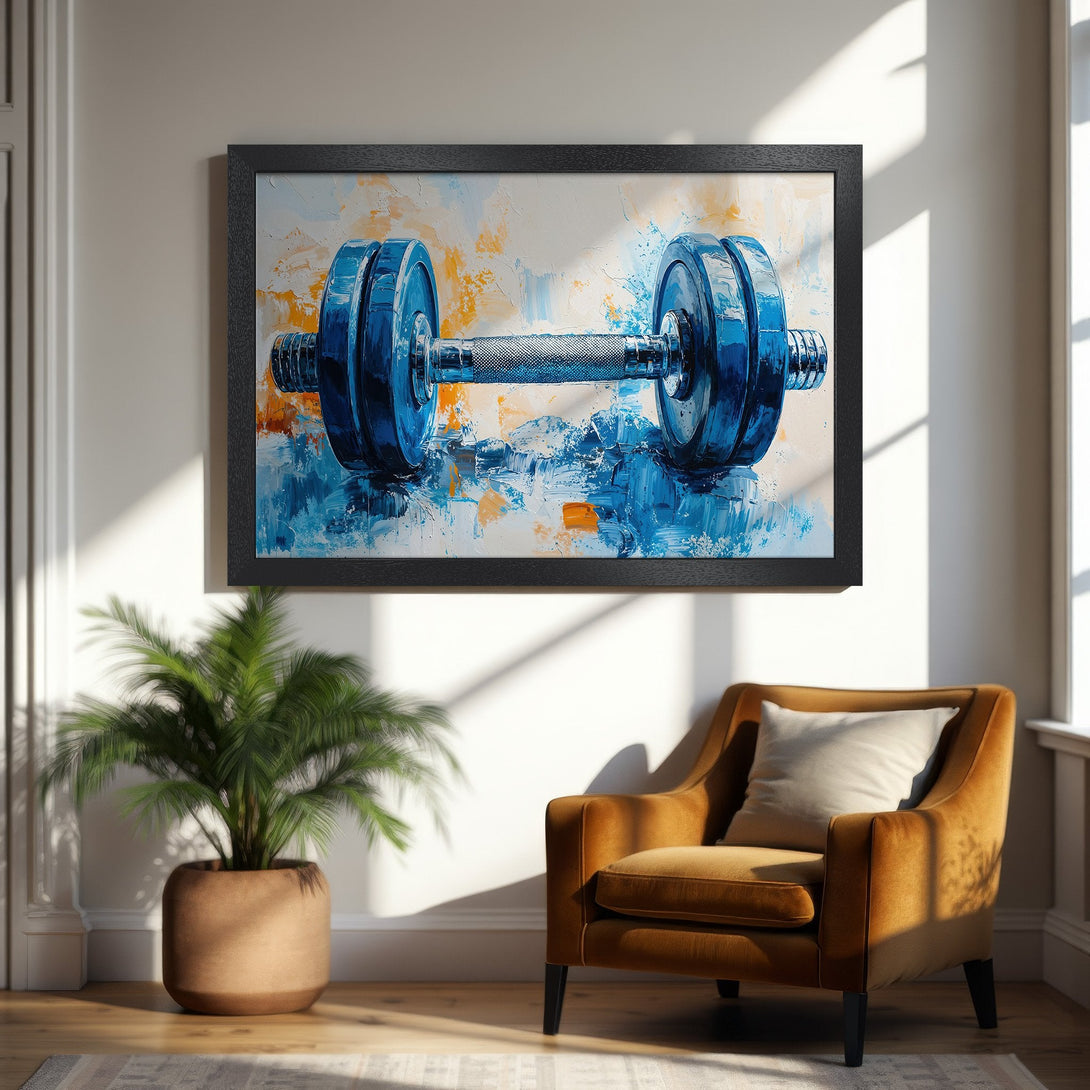 Framed Poster of a blue dumbbell in an abstract style. Features a vibrant blue and orange color palette, perfect for home gym decor.