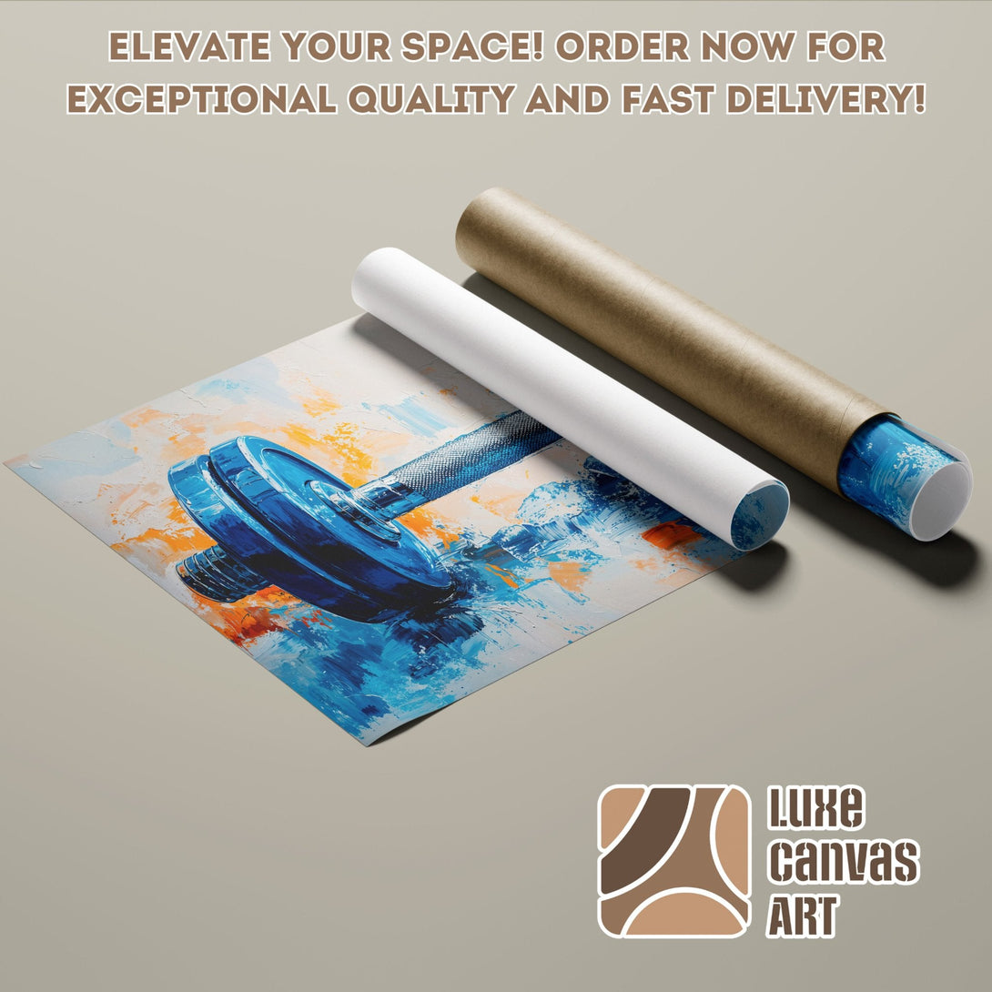 Abstract dumbbell art Poster Roll in blue & orange, perfect for your home gym! Order now!