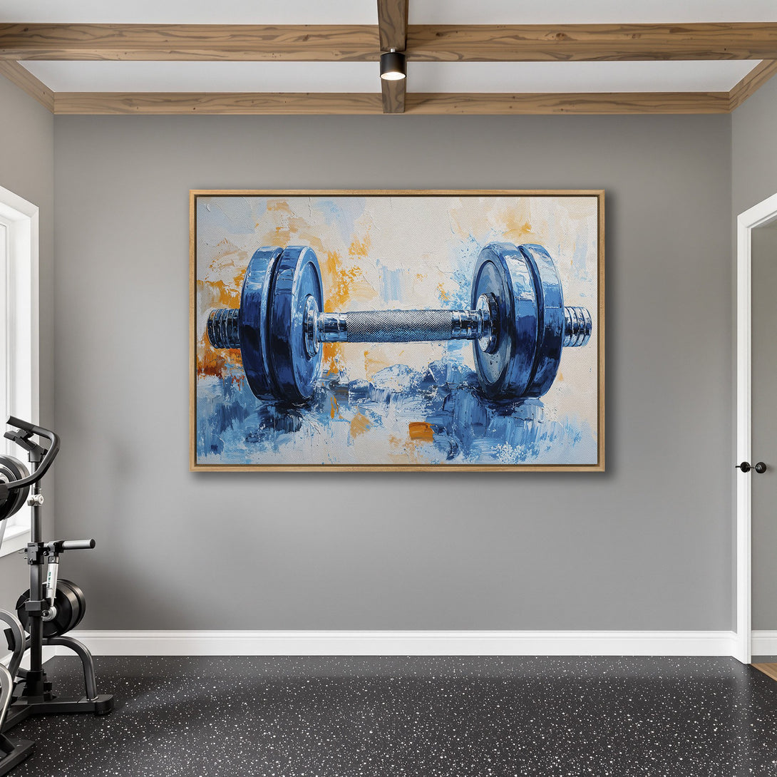Framed Wall Art of a blue dumbbell in an abstract style, displayed in a home gym. Features a bold blue and orange color palette.