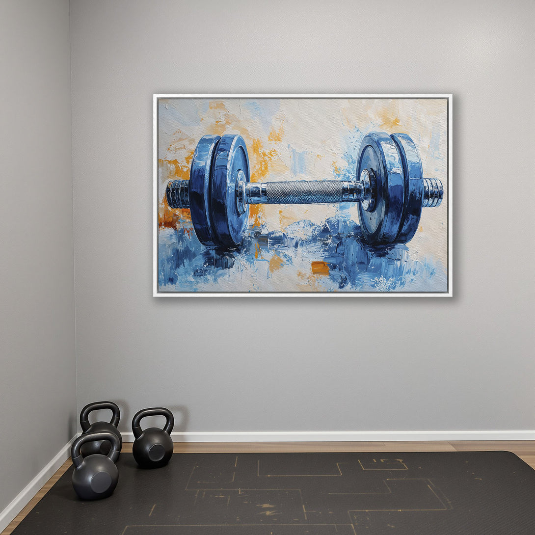 Framed Wall Art: Abstract dumbbell painting in blue and orange hues. Perfect for a home gym or fitness space. Modern art canvas print.