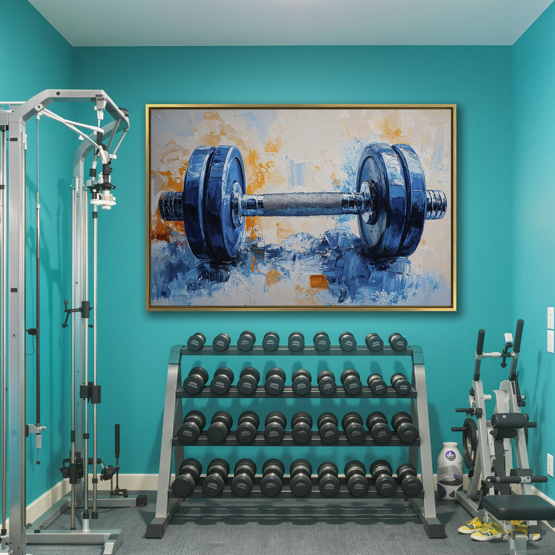 Abstract Canvas Print of a blue dumbbell. Modern art style with a blue, orange, and white color palette. Perfect gym wall decor.