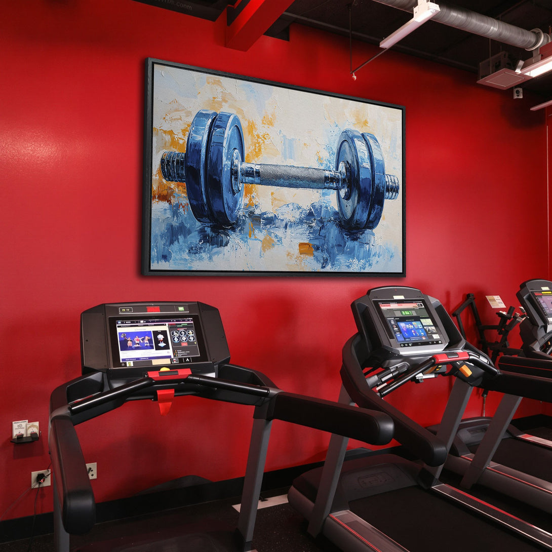 Framed Wall Art: Abstract dumbbell painting in blue and gold, displayed in a gym setting. Bold, colorful art to inspire your workout space.