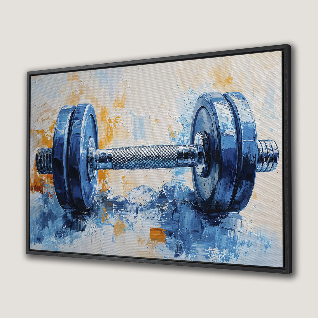 Framed Wall Art featuring a vibrant abstract painting of a dumbbell in blue and orange hues. Perfect fitness decor for your home gym or office.
