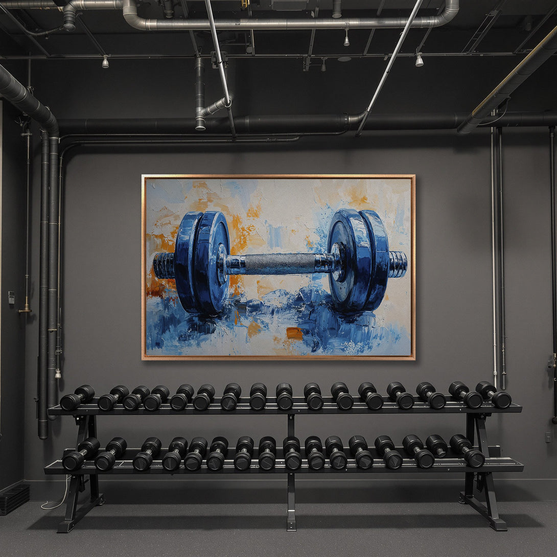 Framed Wall Art: Abstract dumbbell painting in blue and orange. Modern gym decor, perfect for fitness enthusiasts. Enhance your space with this stylish canvas print.